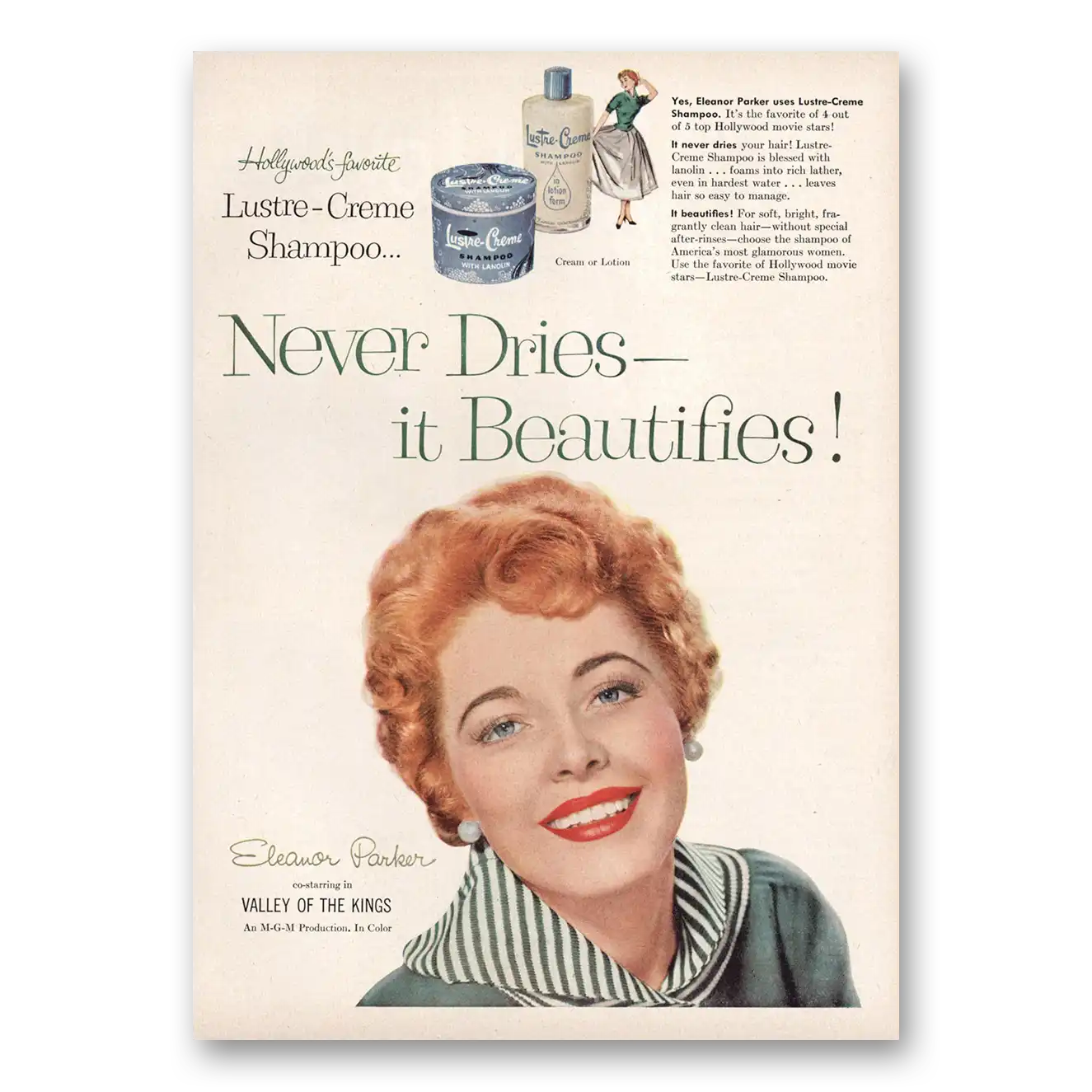 1954 Lustre Creme Shampoo Print Ad | Eleanor Parker