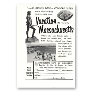 1954 Massachusetts Print Ad | Plymouth Rock To Concord Green