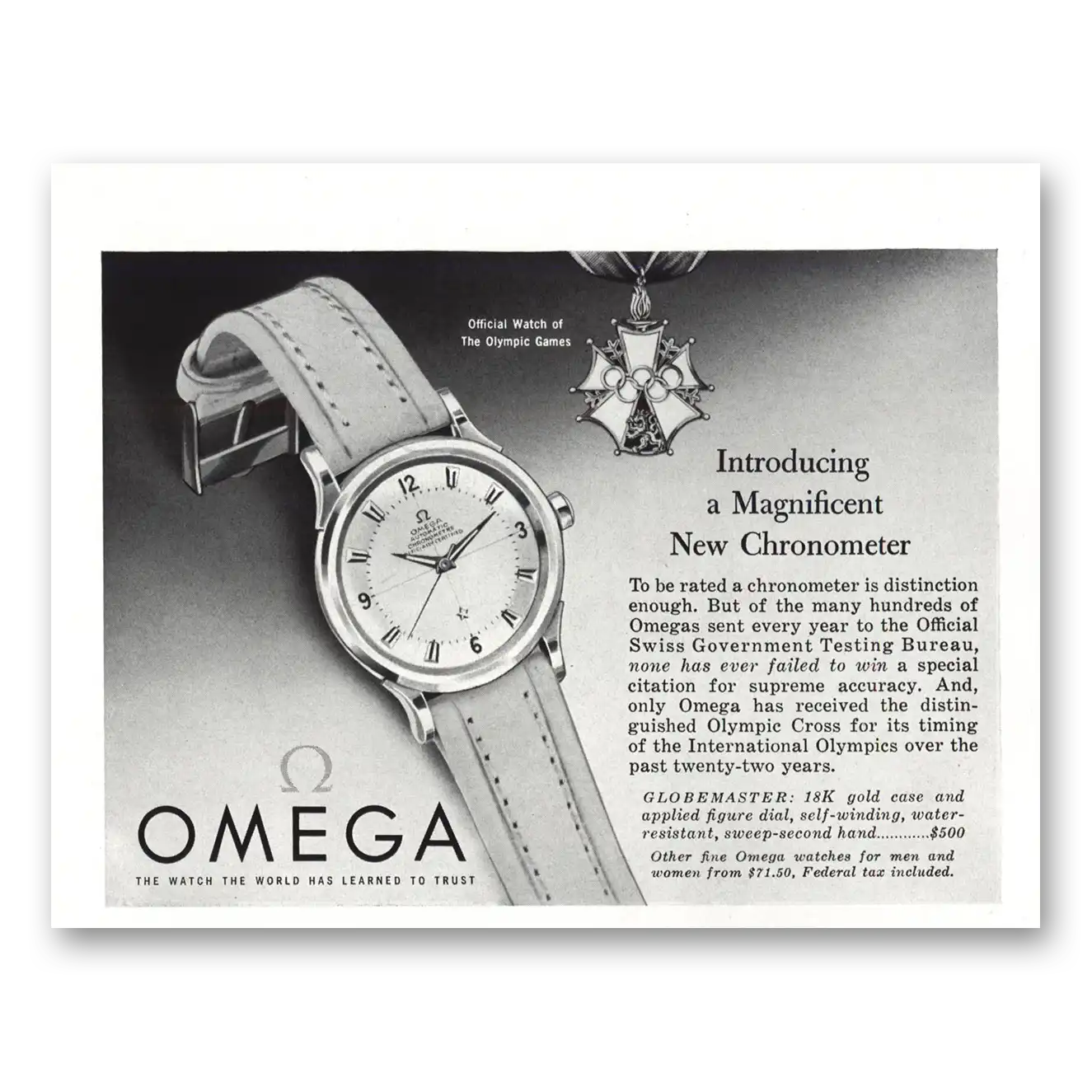 1954 Omega Watch Print Ad | Chronometer Olympic Watch
