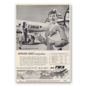 1954 TWA Airlines Print Ad | Bargain Fares