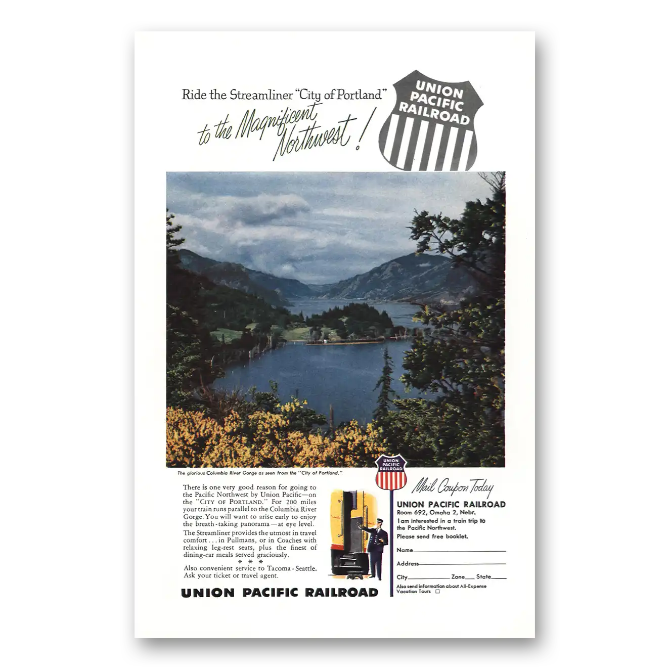 1954 Union Pacific Railroad Print Ad | Columbia River Gorge