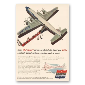 1954 United Airlines Print Ad | Red Carpet Service Dc7