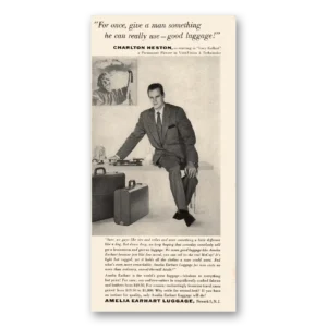 1955 Amelia Earhart Luggage Print Ad | Charlton Heston