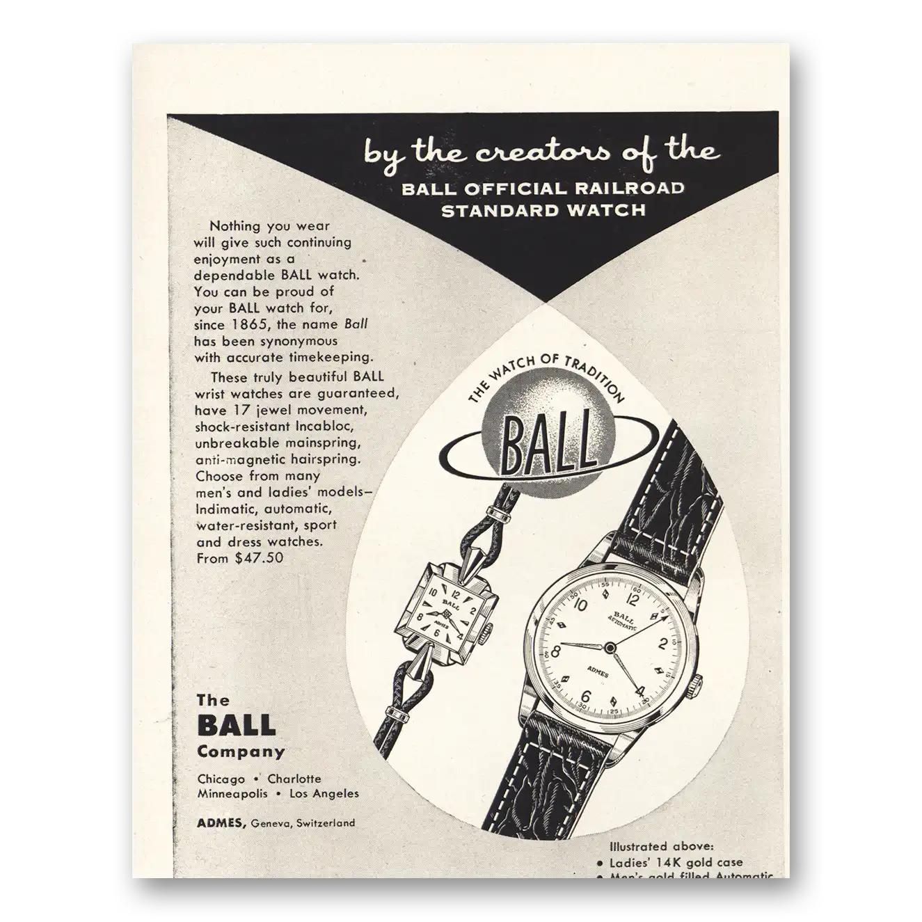 1955 Ball Watch Print Ad | Official Railroad Standard Watch