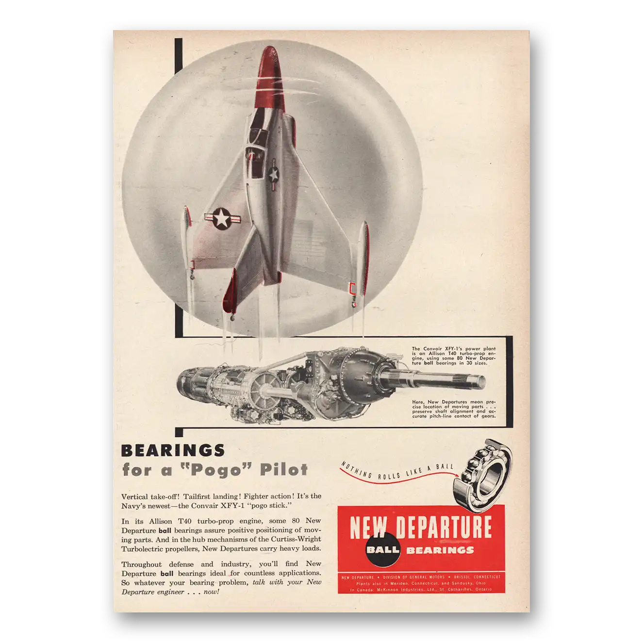 1954 New Departure Ball Bearings Print Ad | Pogo Pilot