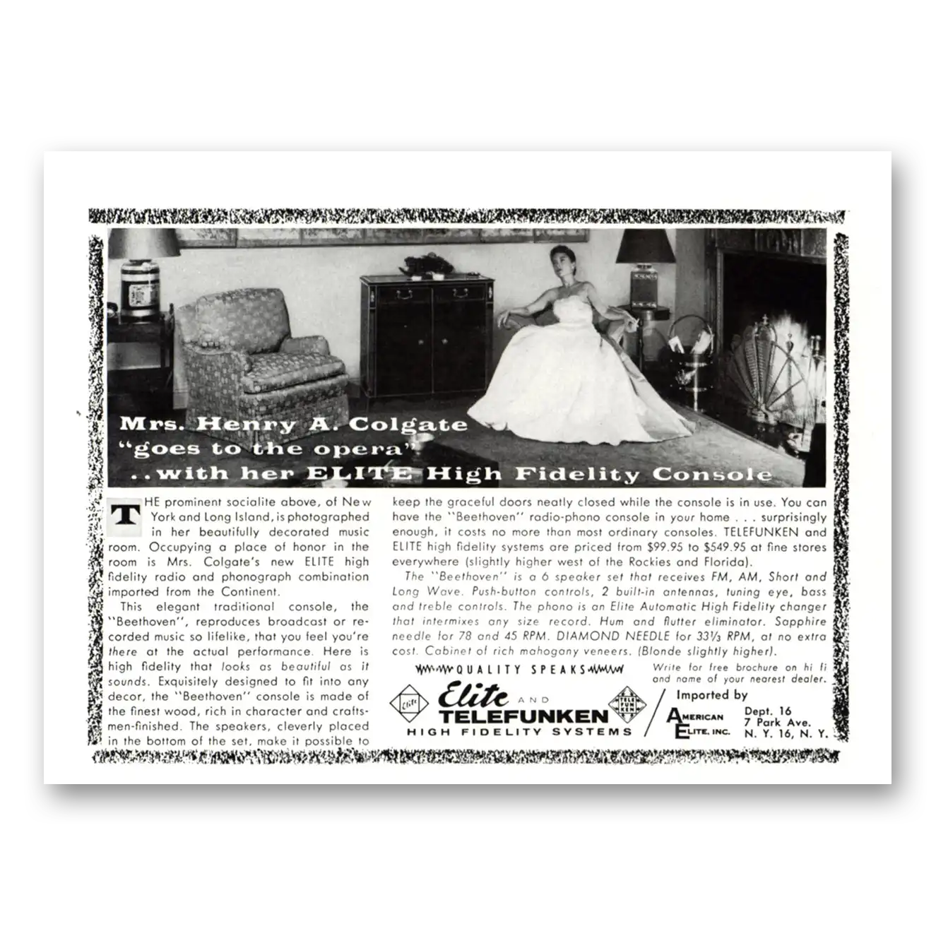 1955 Elite and Telefunken Print Ad | Mrs Henry Colgate