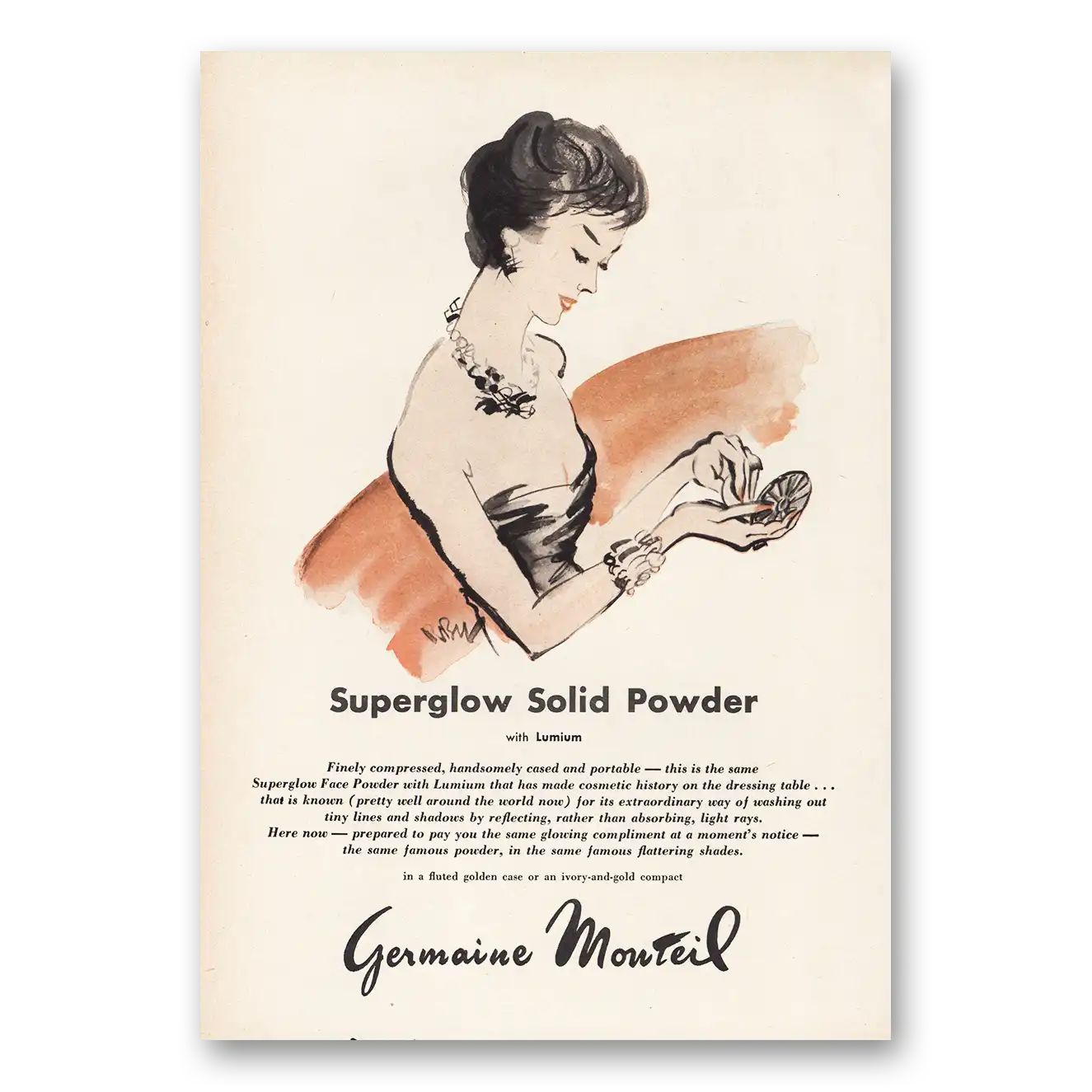 1955 Germaine Monteil Print Ad | Superglow Solid Powder