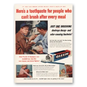 1955 Gleem Toothpaste Print Ad | Cant Brush After