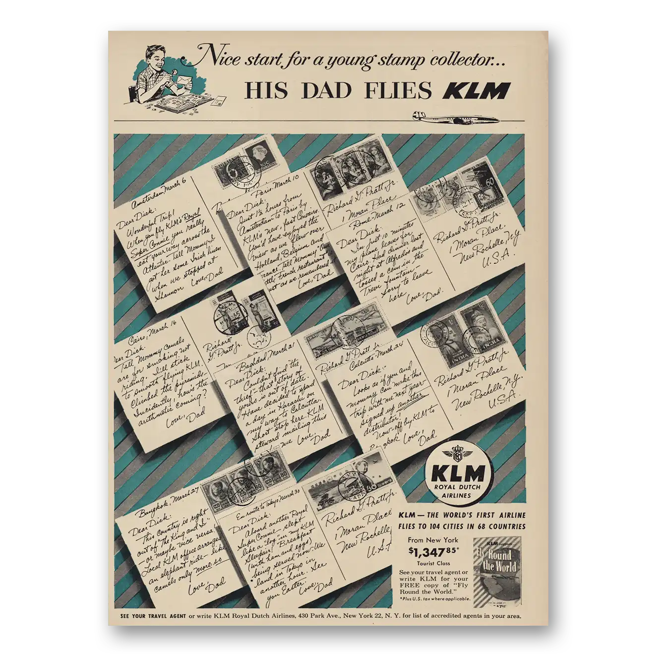 1955 KLM Royal Dutch Airlines Print Ad | Young Stamp Collector