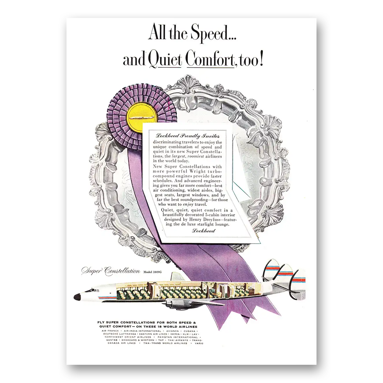1955 Lockheed Constellation Print Ad | Quiet Comfort