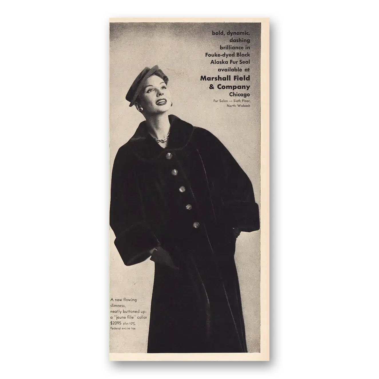 1955 Marshall Field Print Ad | Fauke Dyed Black Alaska Fur