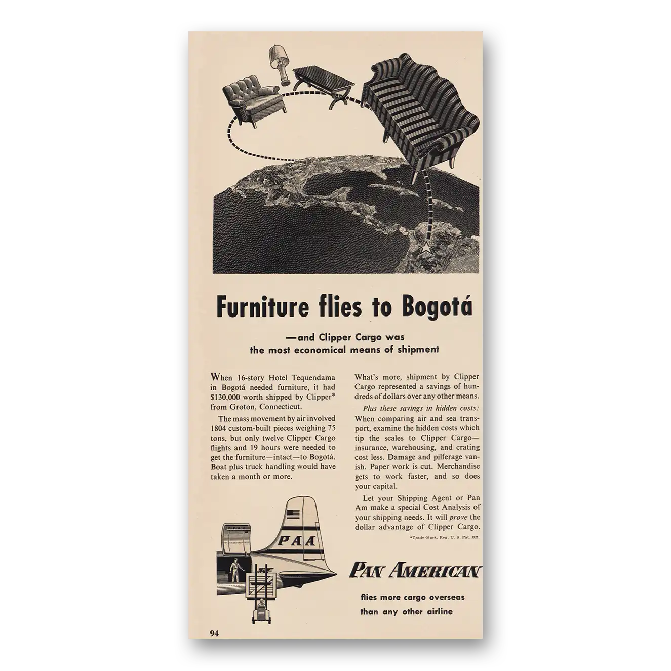 1955 Pan Am Print Ad | Furniture Flies To Bogota