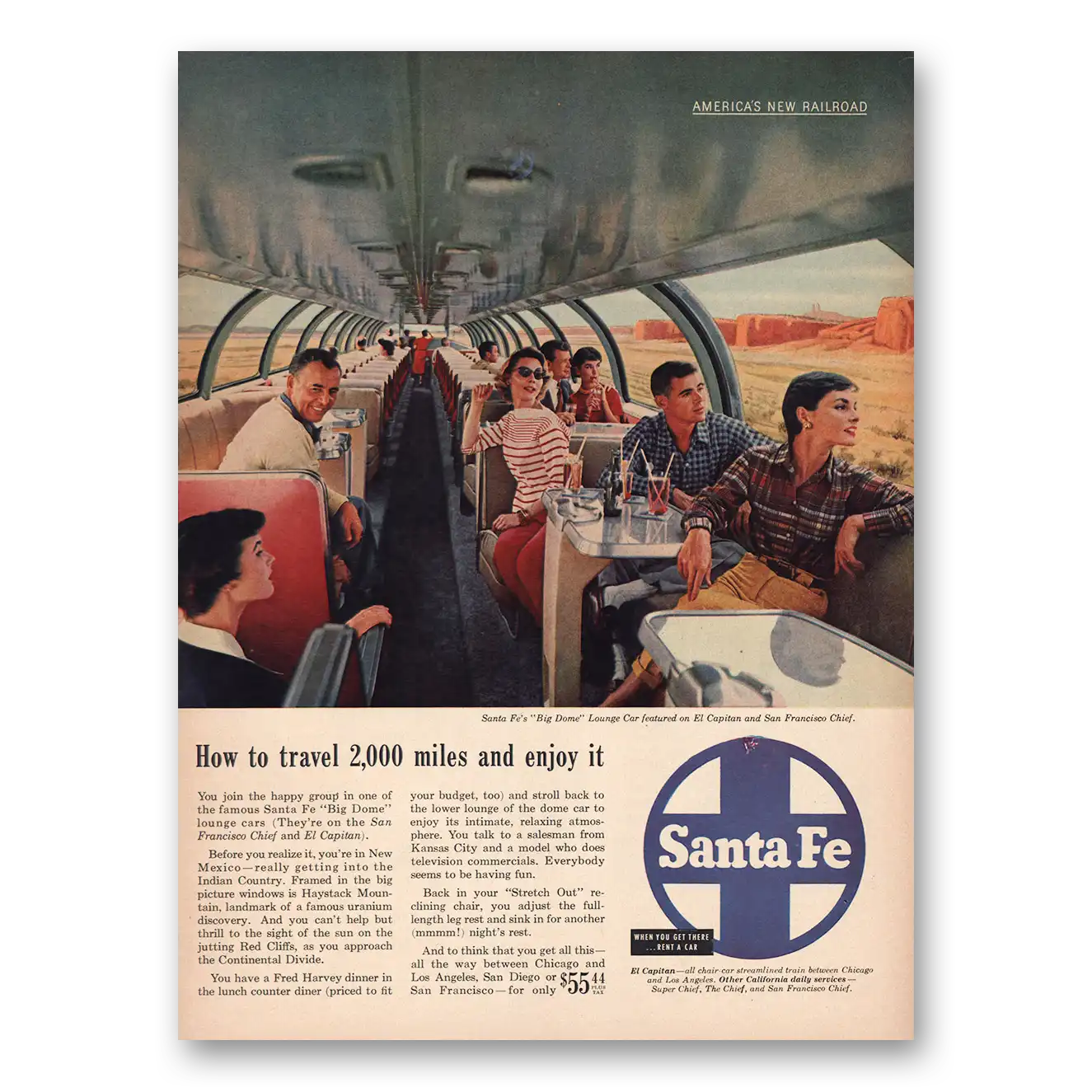 1955 Santa Fe Railway Print Ad | Travel 2000 Miles