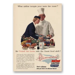 1955 United Airlines Print Ad | Tempts Your Taste