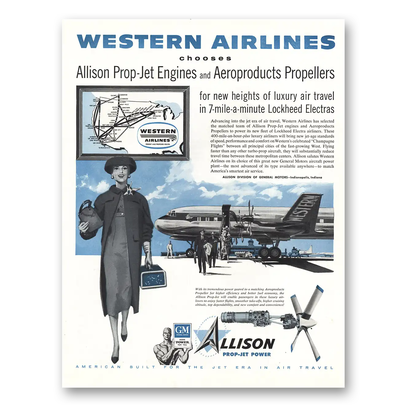 1956 Western Air Lines Print Ad | Allison Prop Jet Engines