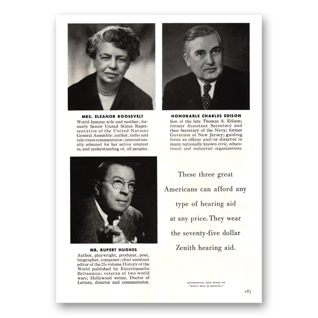 1955 Zenith Hearing Aid Print Ad | Eleanor Roosevelt