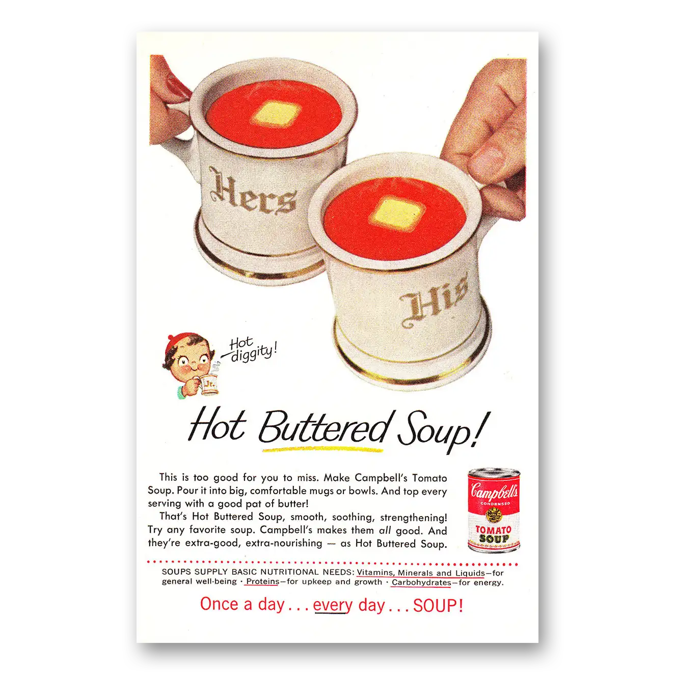 1956 Campbells Tomato Soup Print Ad | Hot Buttered Soup