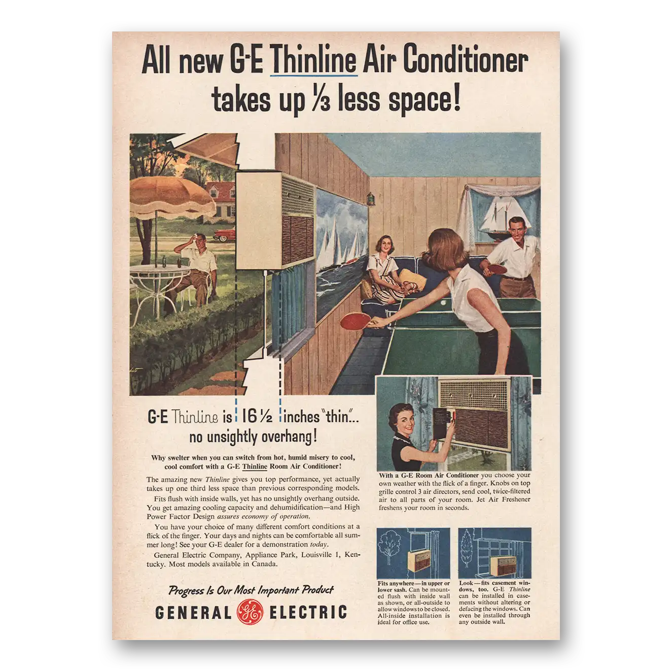1956 General Electric Air Conditioner Print Ad | Ge Thinline
