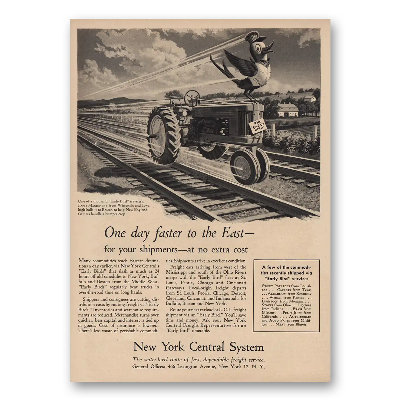 1956 New York Central Print Ad | One Day Faster