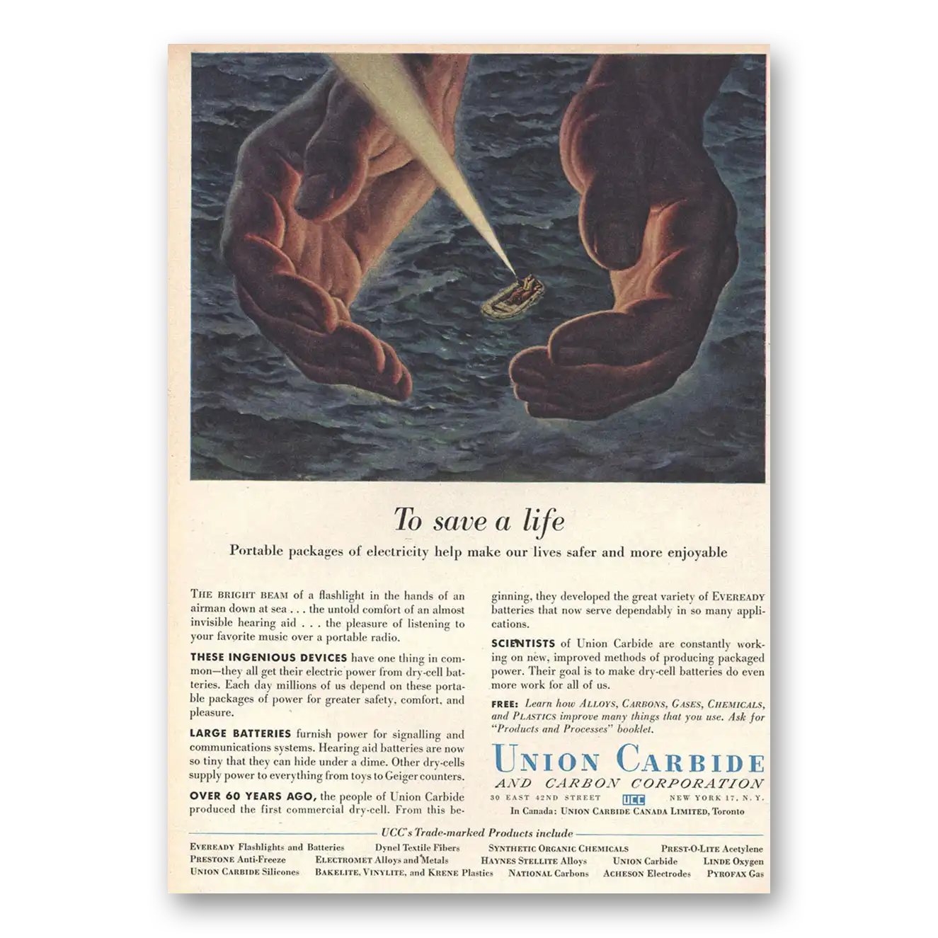 1956 Union Carbide Print Ad | To Save Life
