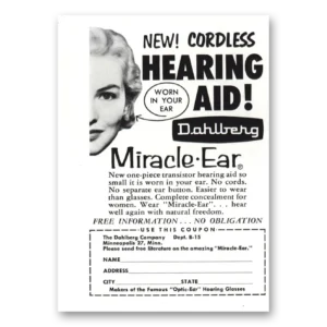 1957 Dahlberg Hearing Aid Print Ad | Cordless