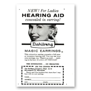 1958 Dahlberg Hearing Aid Print Ad | Concealed