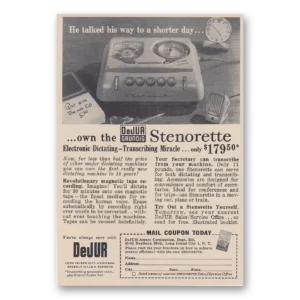 1957 DeJur Grundig Stenorette Print Ad | He Talked