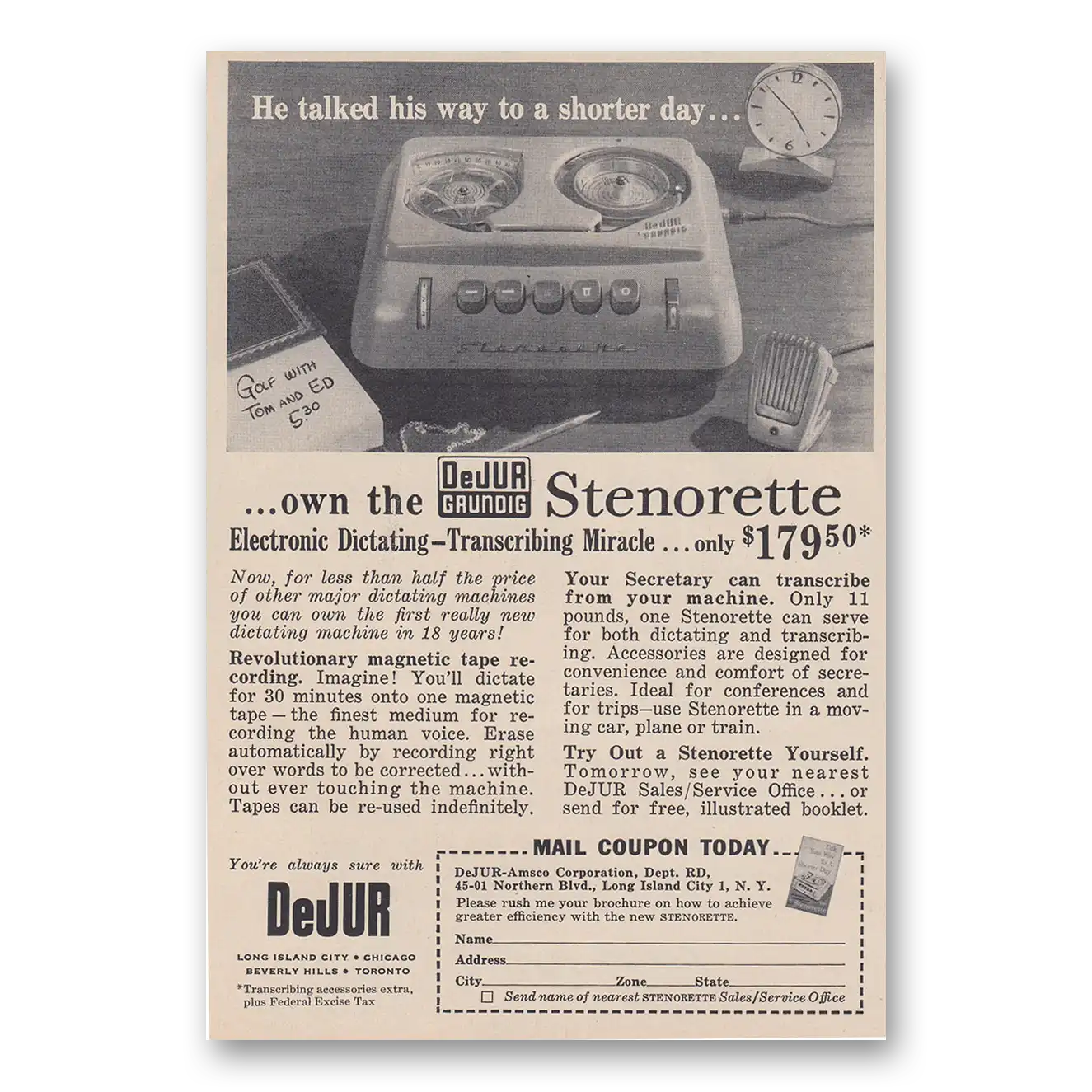 1957 DeJur Grundig Stenorette Print Ad | He Talked
