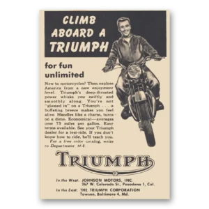 1957 Triumph Motorcycle Print Ad | Climb Aboard