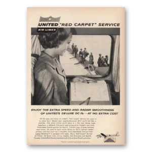 1957 United Airlines Print Ad | Red Carpet Service Ad