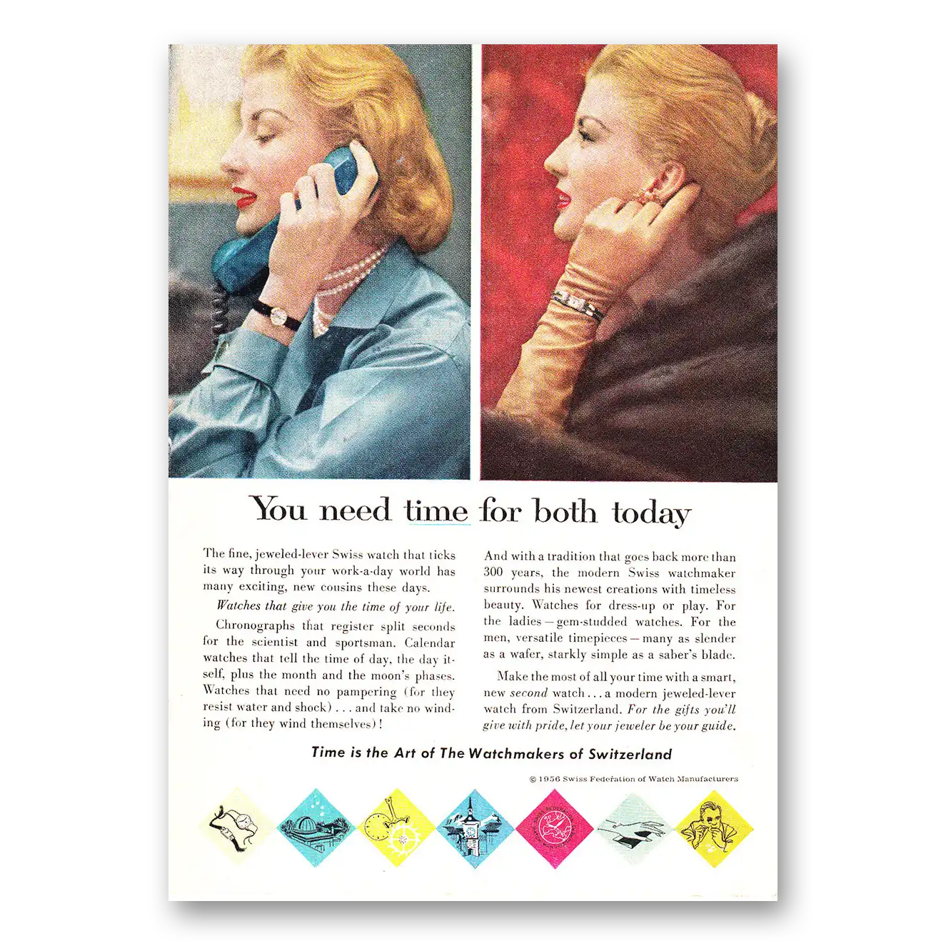 1957 Watchmakers of Switzerland Print Ad | Time For Both