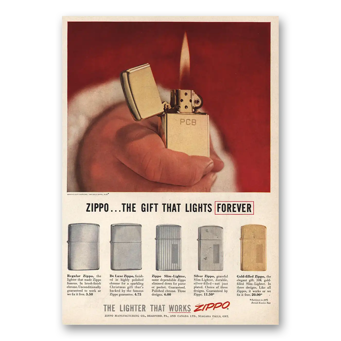 1957 Zippo Lighter Print Ad | Lights Forever