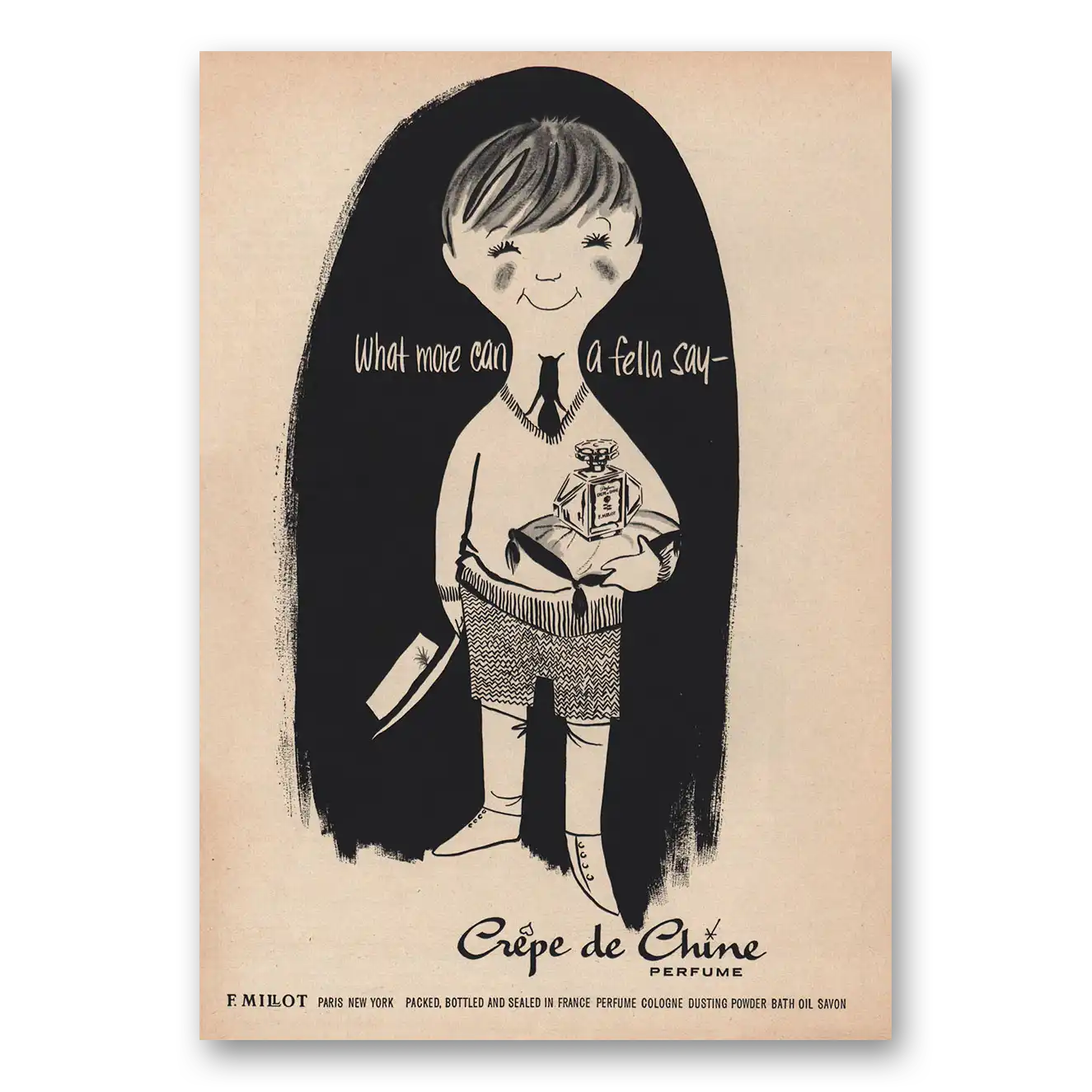 1958 Crepe de Chine Perfume Print Ad | Fella Say