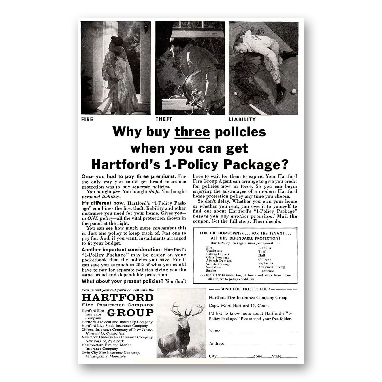 1958 Hartford Insurance Print Ad | Three Policies