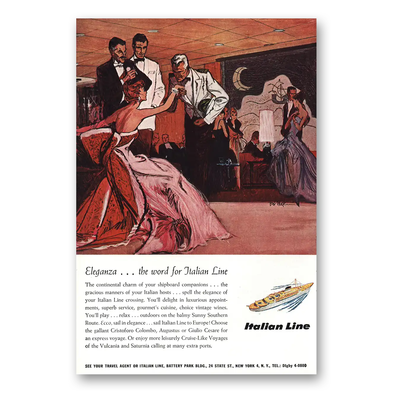 1958 Italian Line Print Ad | Eleganza