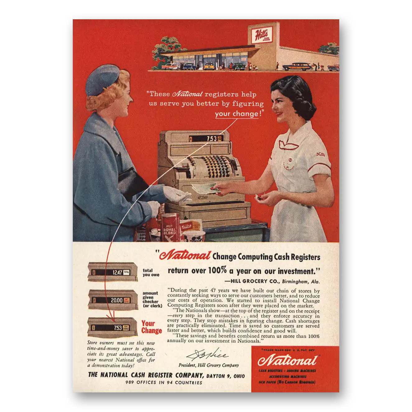 1958 National Cash Register Print Ad | Hills Food Stores