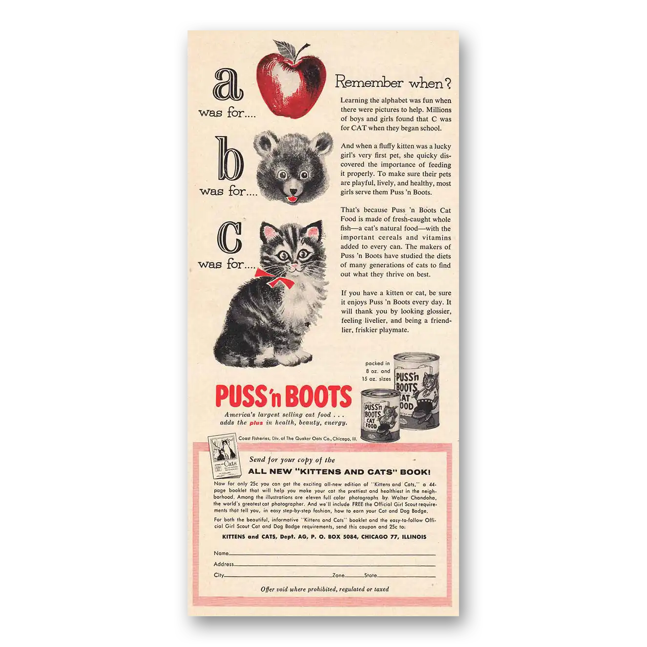 1958 Puss n Boots Print Ad | Abc