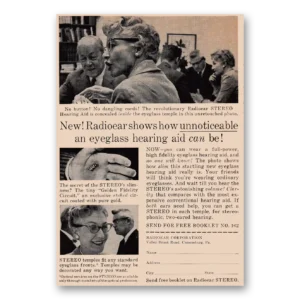 1958 Radioear Eyeglass Hearing Aid Print Ad | Unnoticeable
