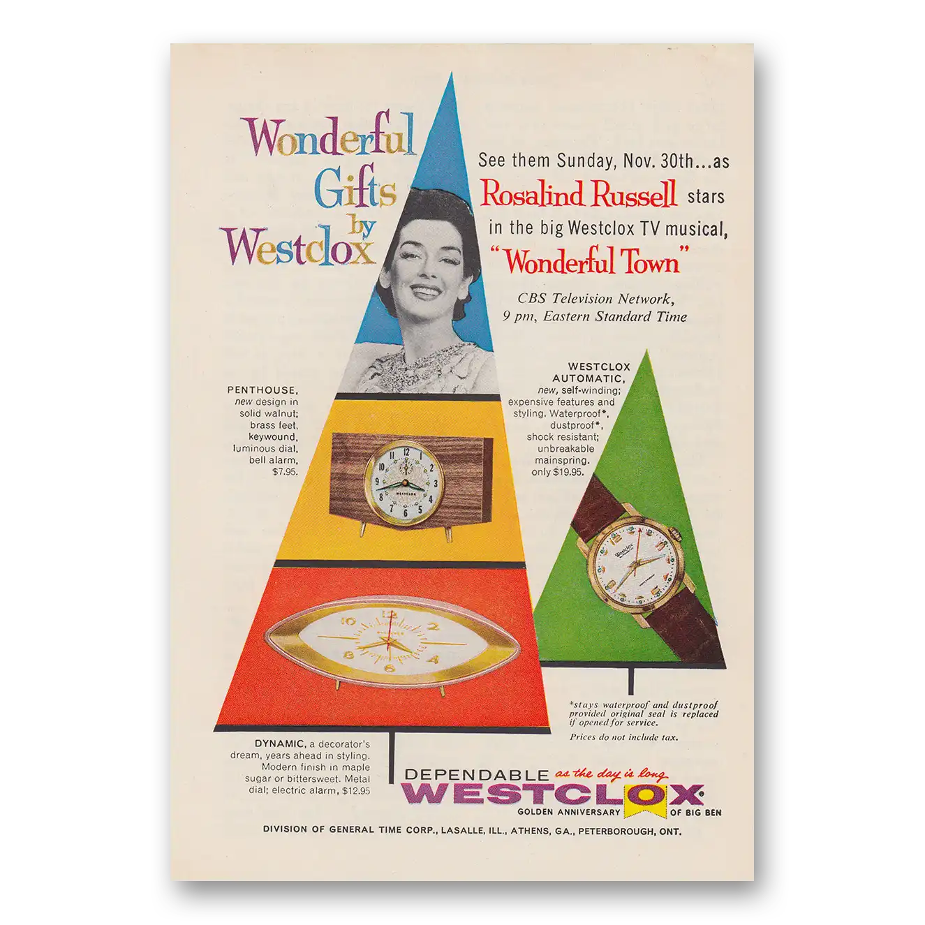 1958 Westclox Watches Print Ad | Rosalind Russell