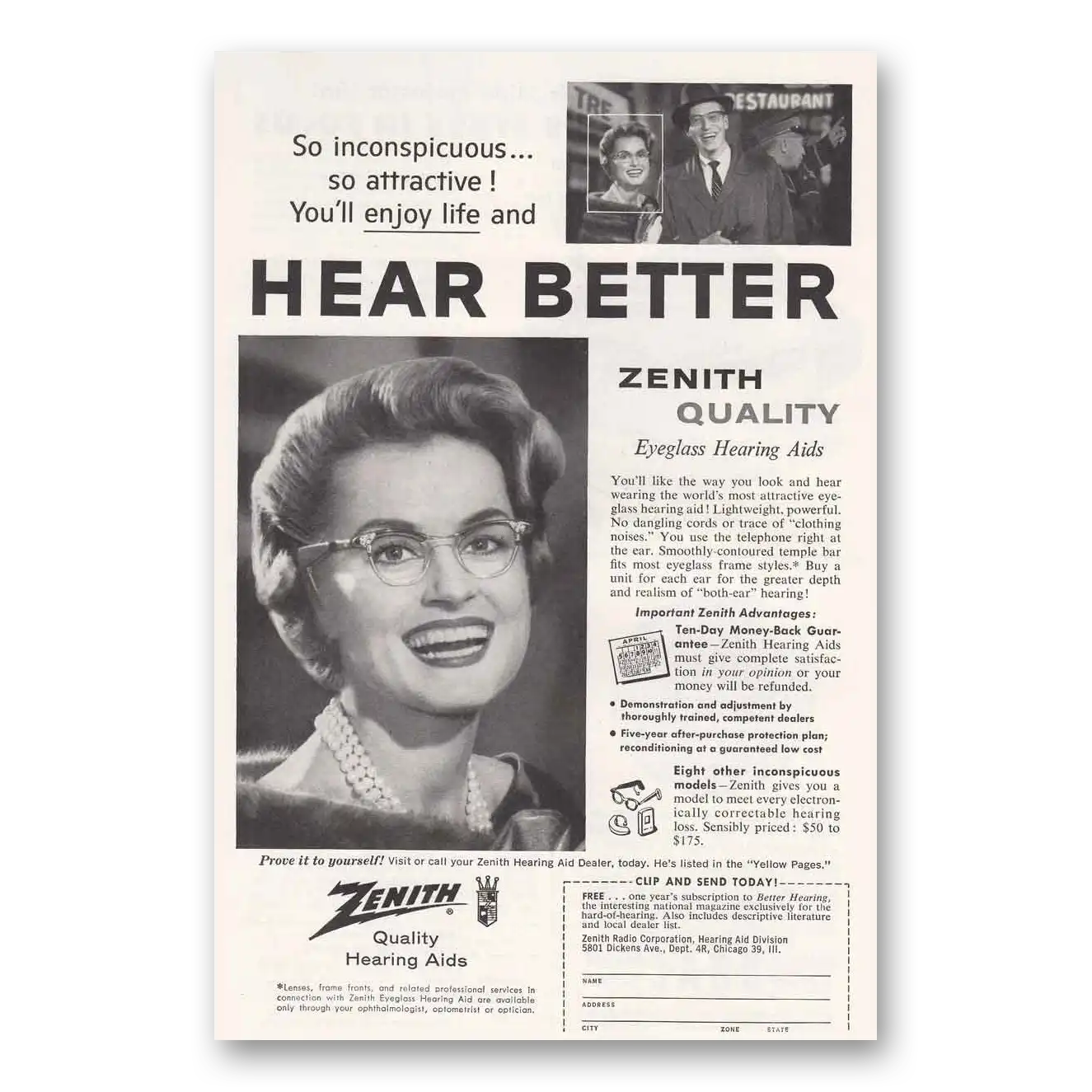 1958 Zenith Hearing Aid Print Ad | Eyeglass Hearing Aid