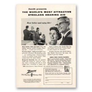 1958 Zenith Hearing Aid Print Ad | Eyeglass Hearing Aid