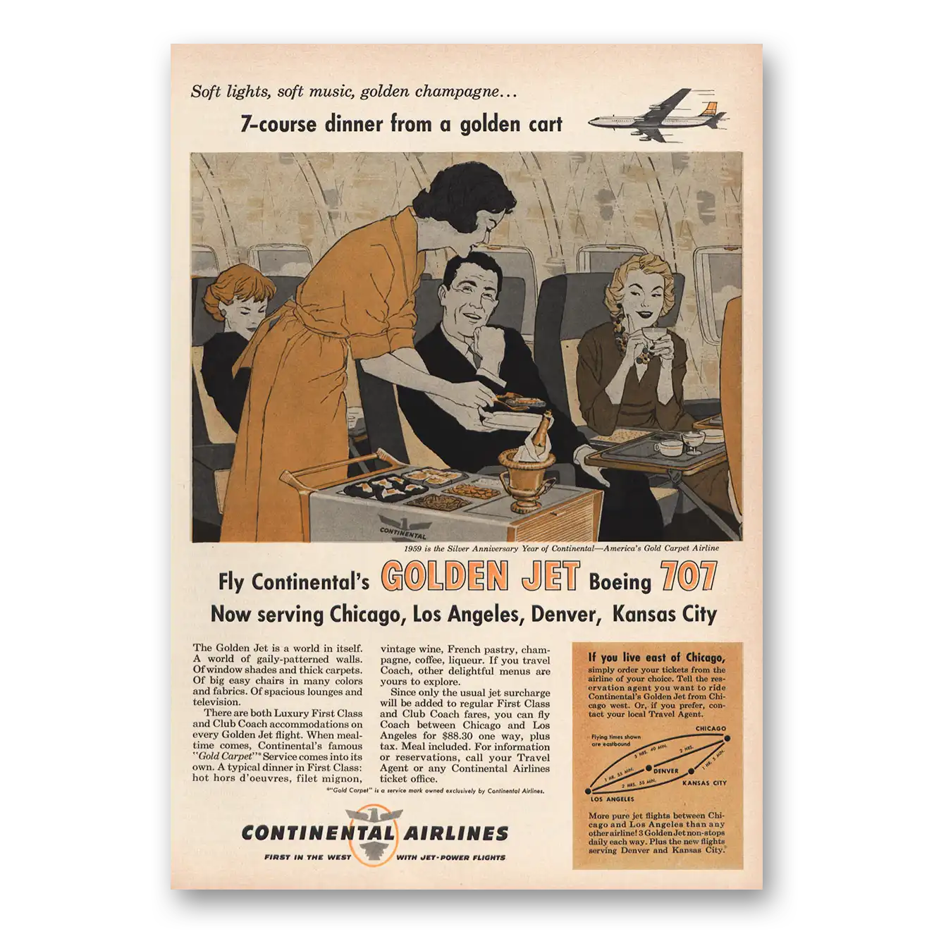 1959 Continental Airlines Print Ad | 7 Course Dinner