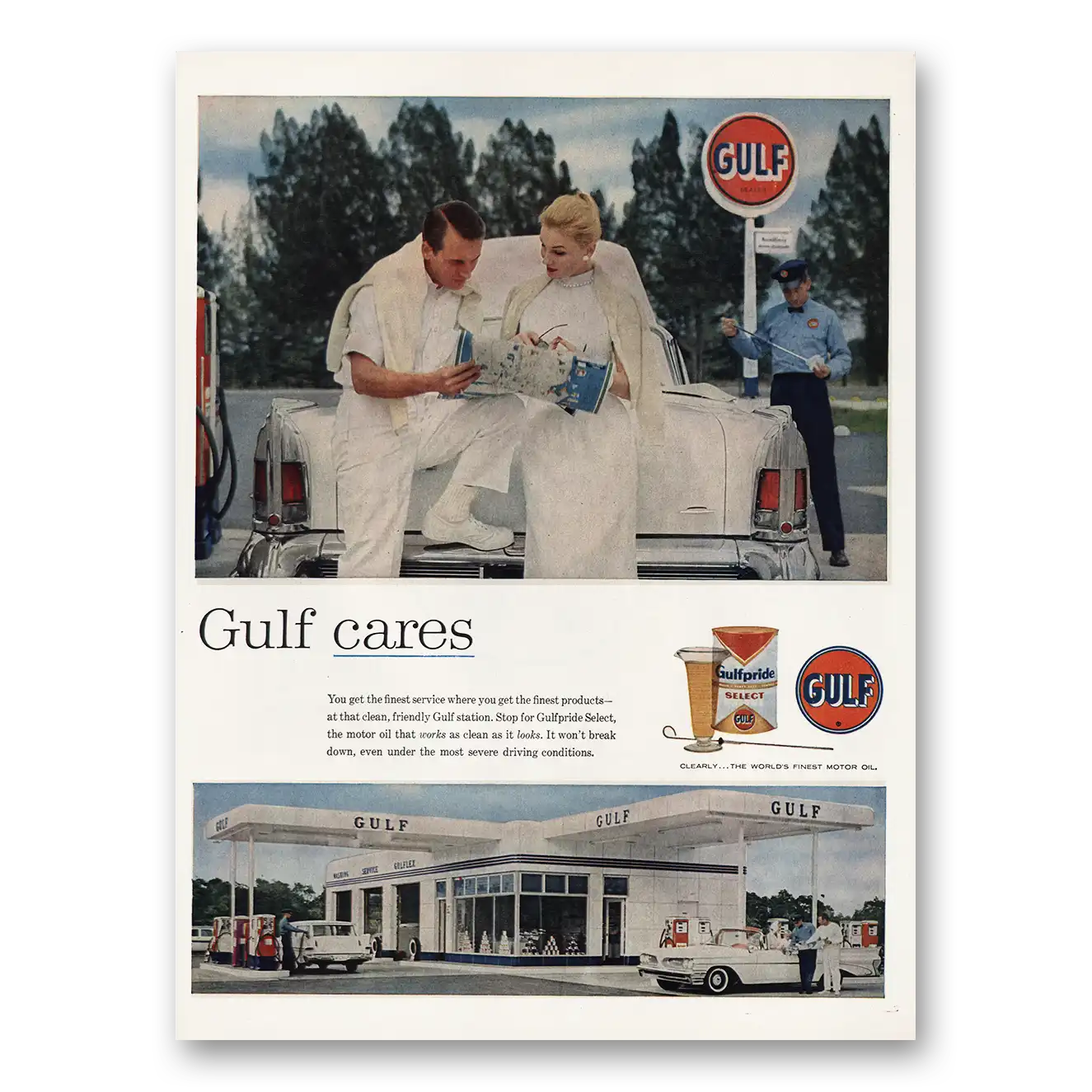 1959 Gulf Oil Print Ad | Finest Service Gulf Station