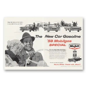 1959 Mobil Print Ad | New Car Gasoline
