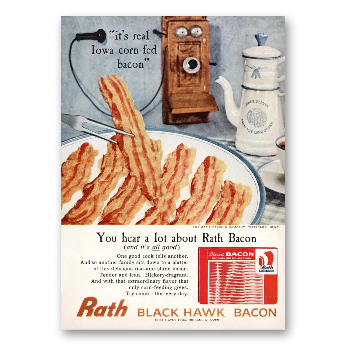 1959 Rath Black Hawk Bacon Print Ad | You Hear A Lot