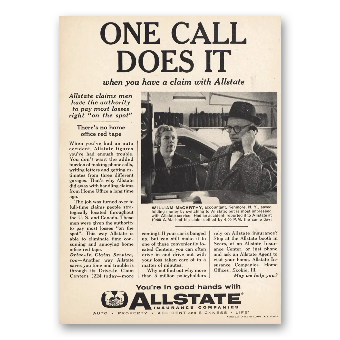 1960 Allstate Insurance Print Ad | One Call