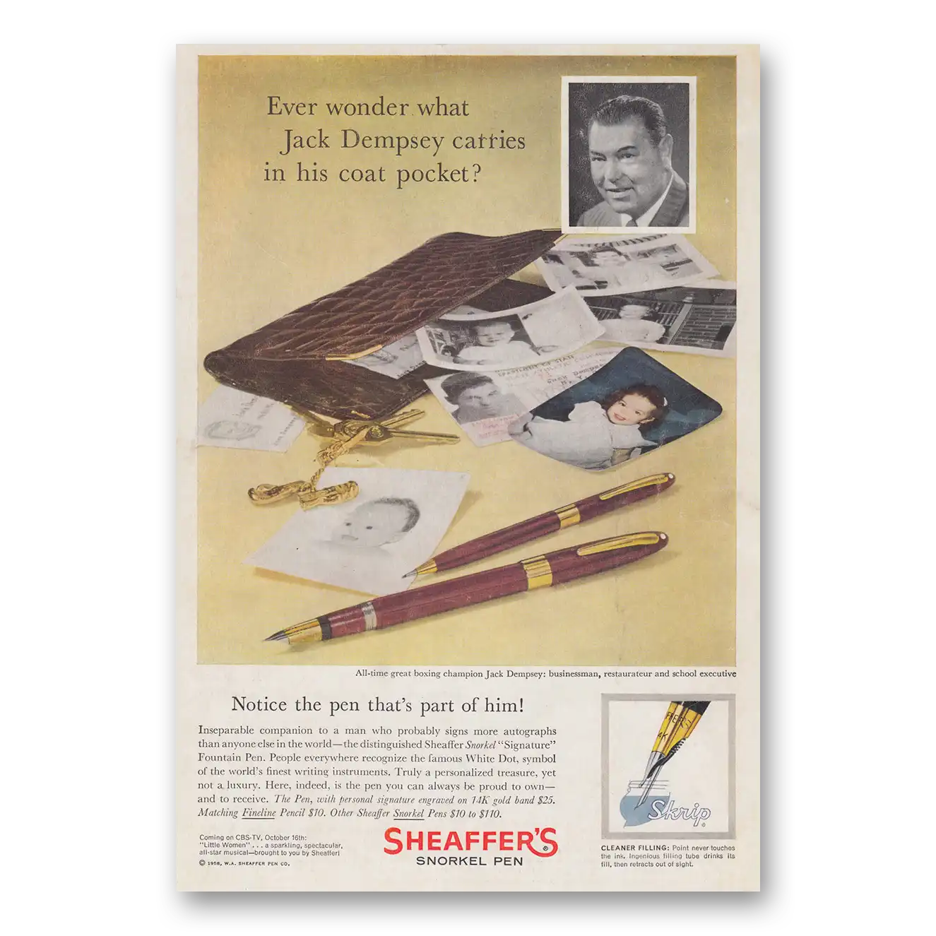 1958 Sheaffers Snorkel Pen Print Ad | Jack Dempsey