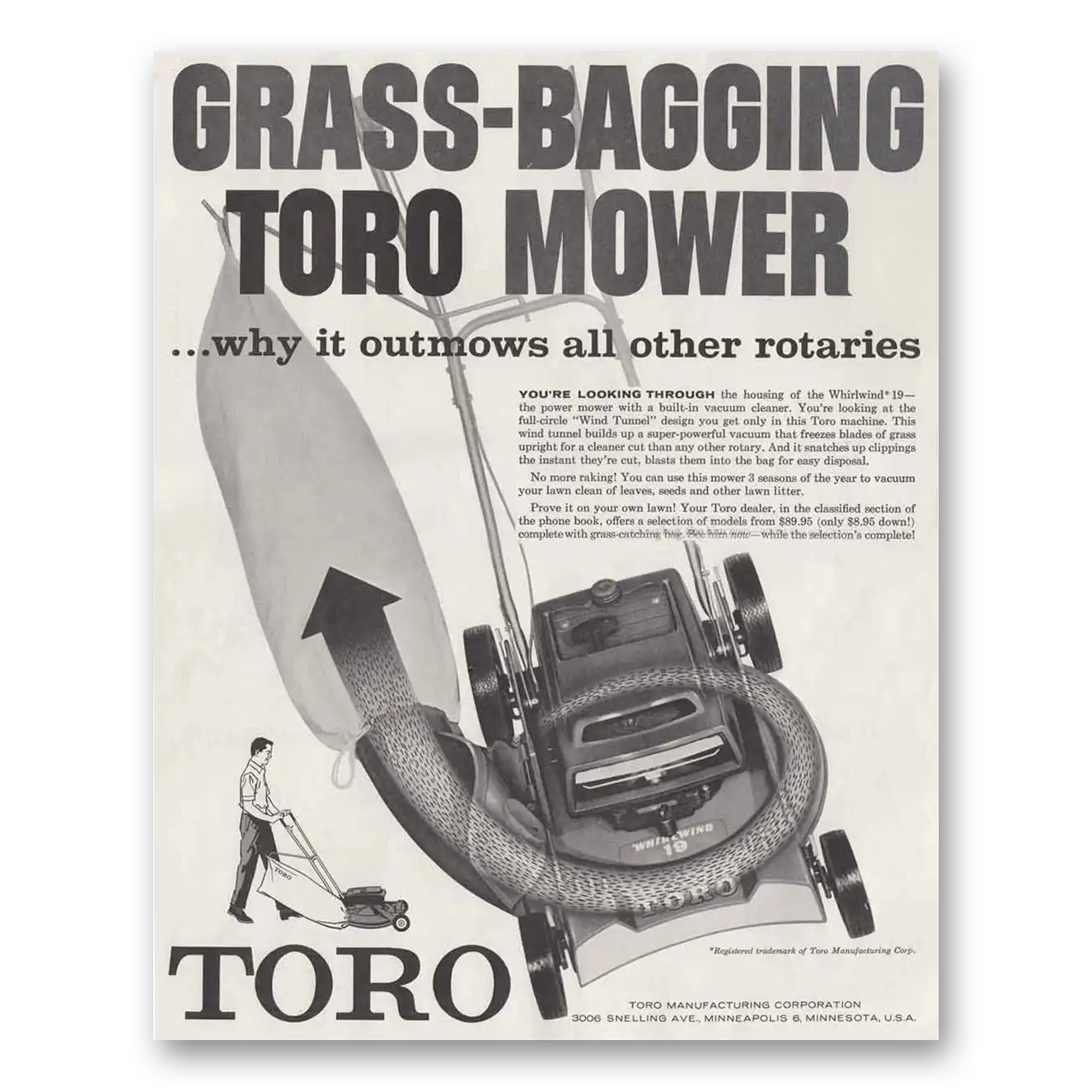 1960 Toro Mowers Print Ad | Grass Bagging