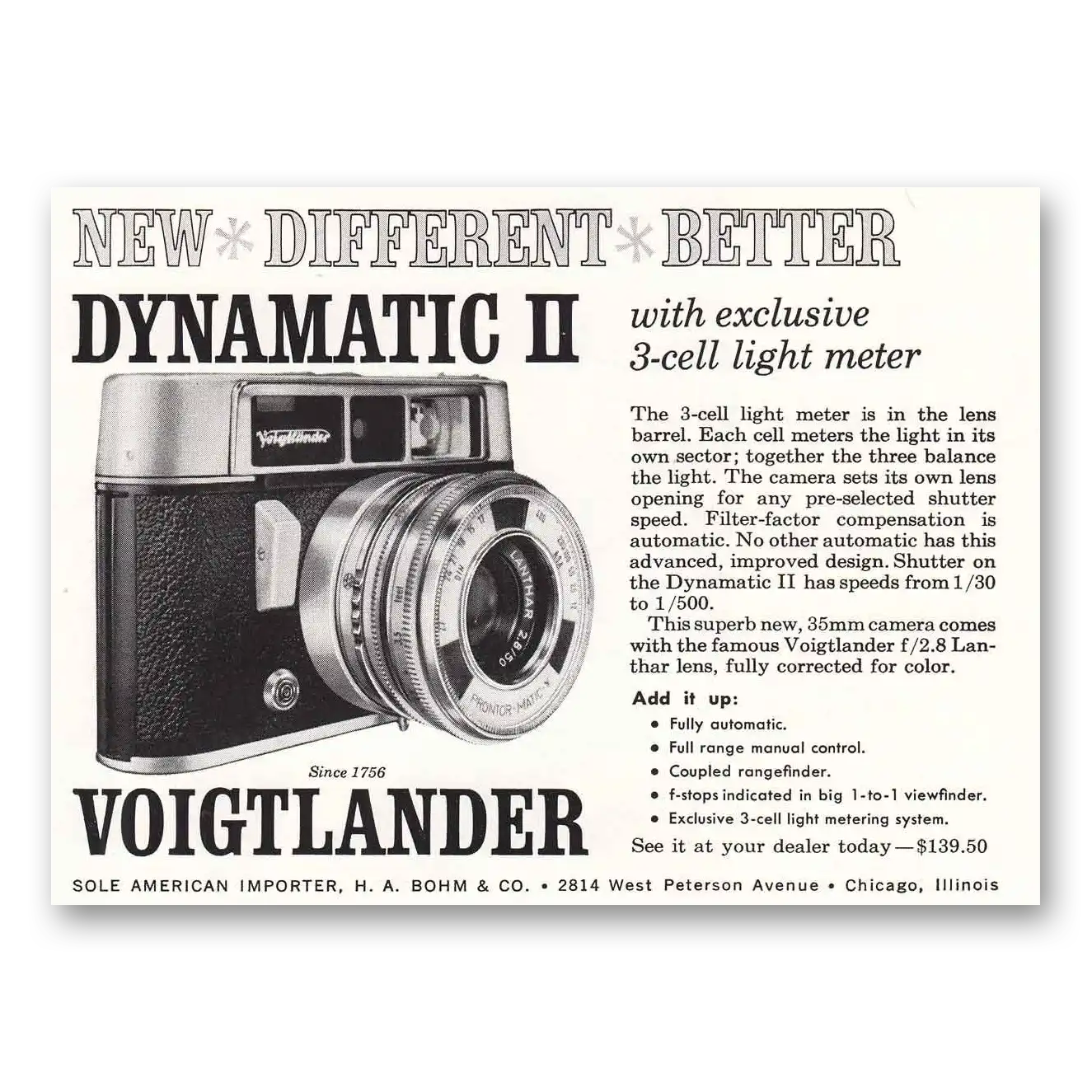 1960 Voigtlander Dynamatic II Camera Print Ad | Cell Light Meter