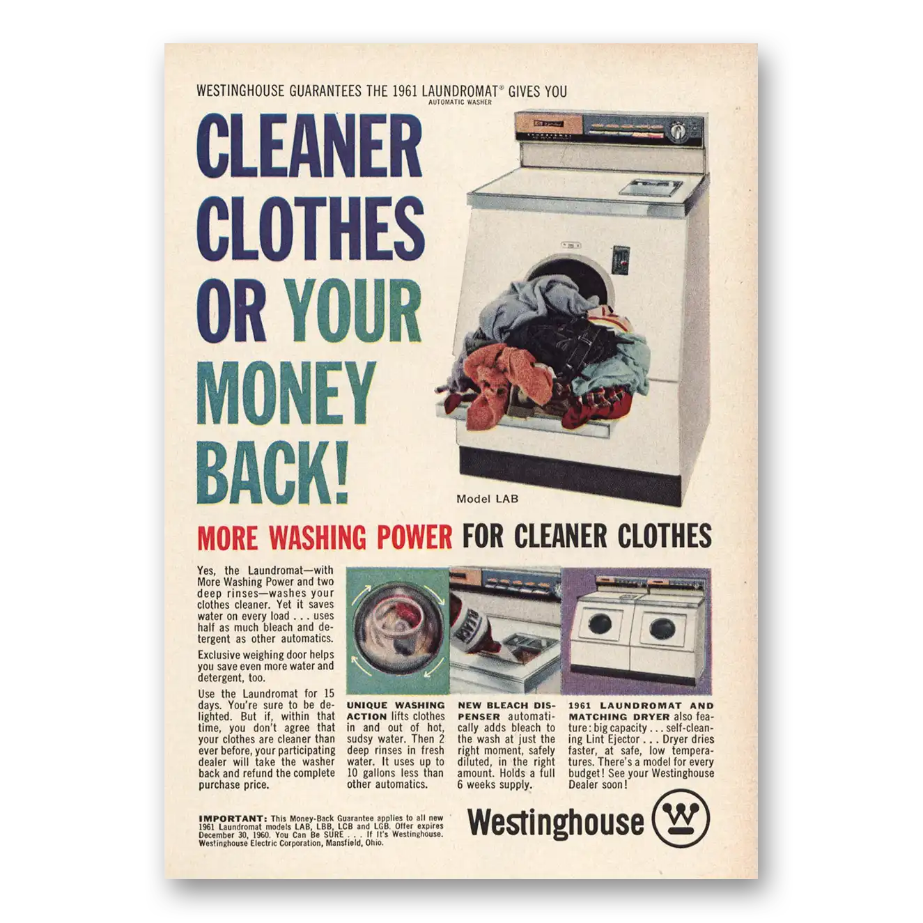 1960 Westinghouse Washer Print Ad | Cleaner Clothes